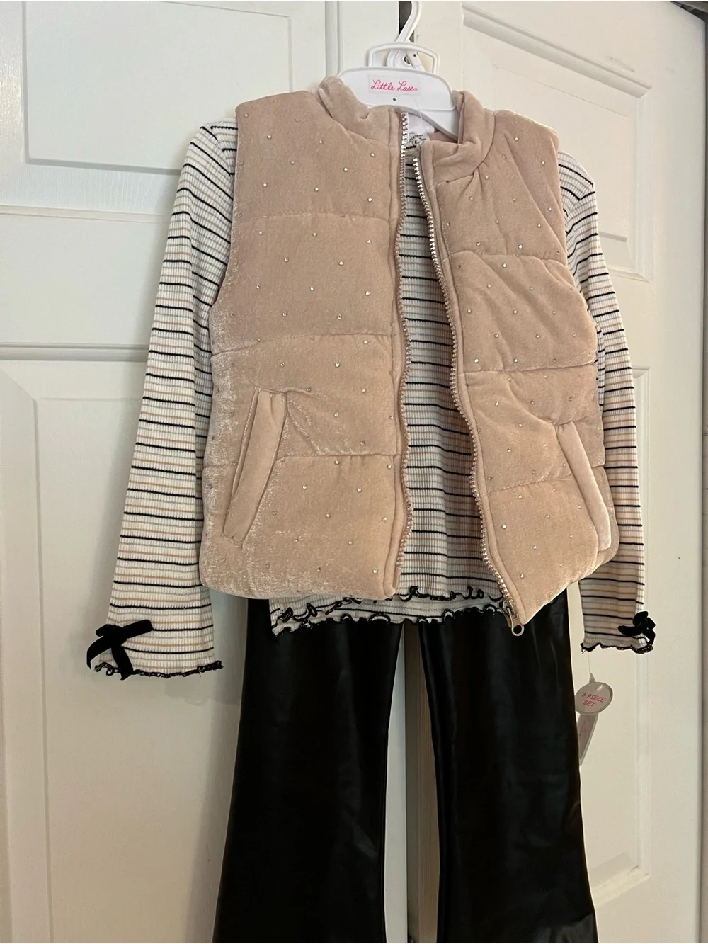 Little Lass Girls Sz 6 Quilted Vest, Shirt and Faux Leather Pants - 3 Piece Set